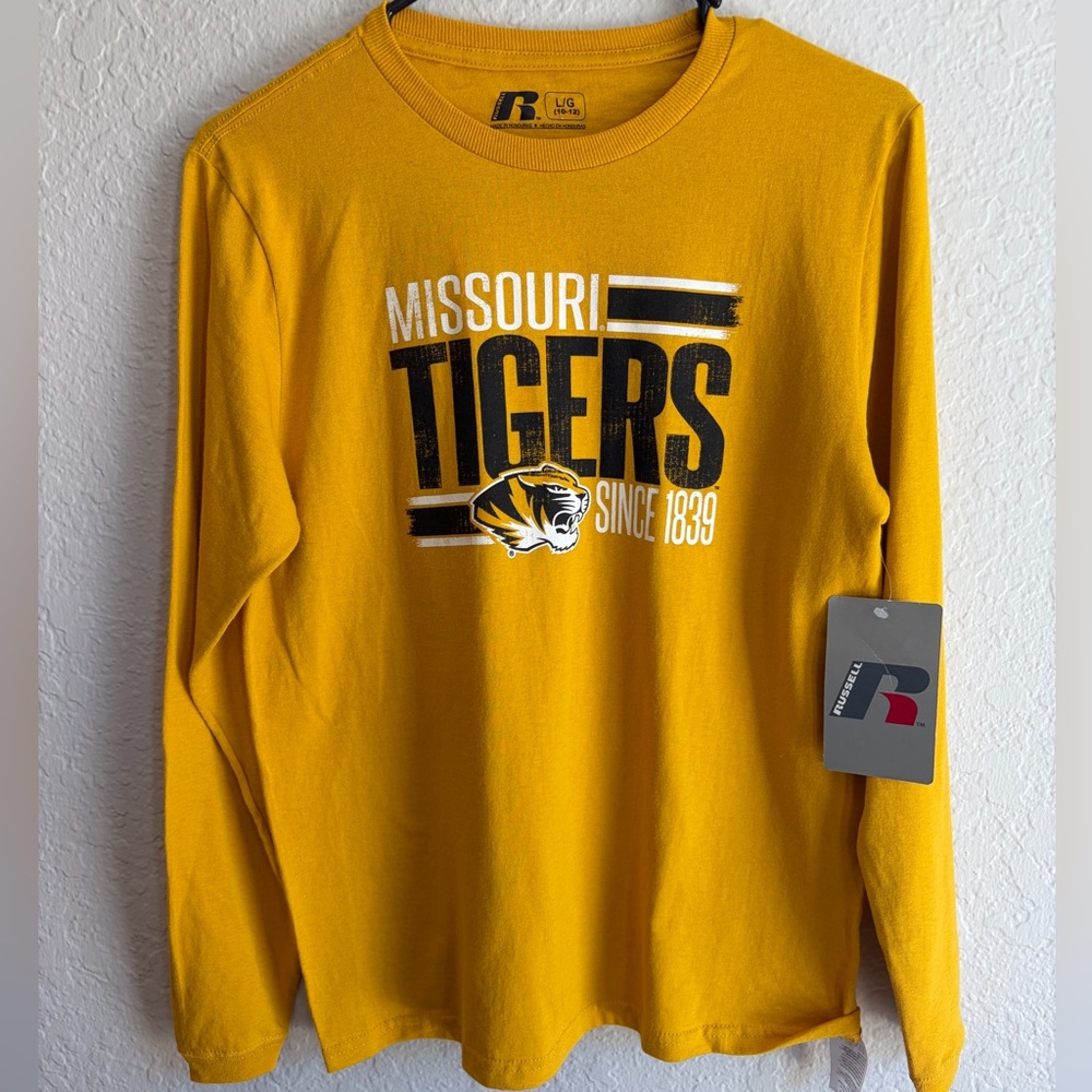 NWT Missouri Tigers Russell Gold Long Sleeve T-Shirt - Youth Large 14/16 Mizzou